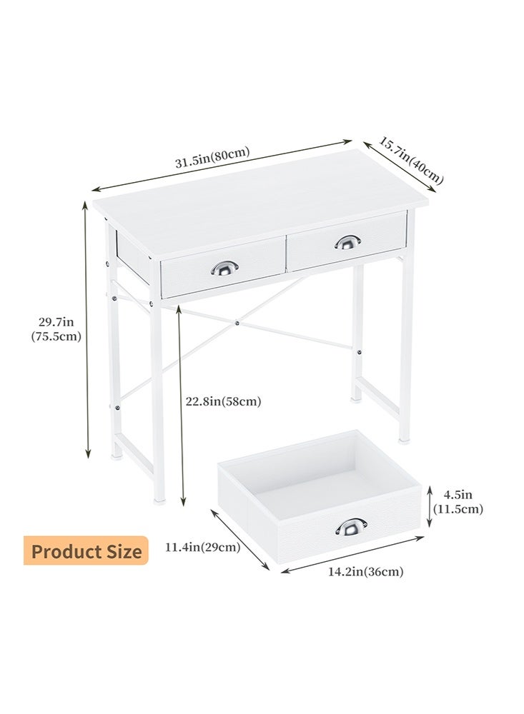 سولاكان مكتب كتابة صغير لغرفة نوم الأطفال، مكتب كمبيوتر أبيض بقياس 31.5 بوصة للمساحات الصغيرة، طاولة دراسة منزلية مع مرآة تجميل مع 2 درج قماشي للمكتب المنزلي، السكن الجامعي، غرفة المعيشة (أبيض) - Image 2