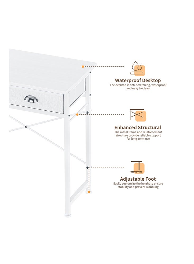 سولاكان مكتب كتابة صغير لغرفة نوم الأطفال، مكتب كمبيوتر أبيض بقياس 31.5 بوصة للمساحات الصغيرة، طاولة دراسة منزلية مع مرآة تجميل مع 2 درج قماشي للمكتب المنزلي، السكن الجامعي، غرفة المعيشة (أبيض) - Image 3
