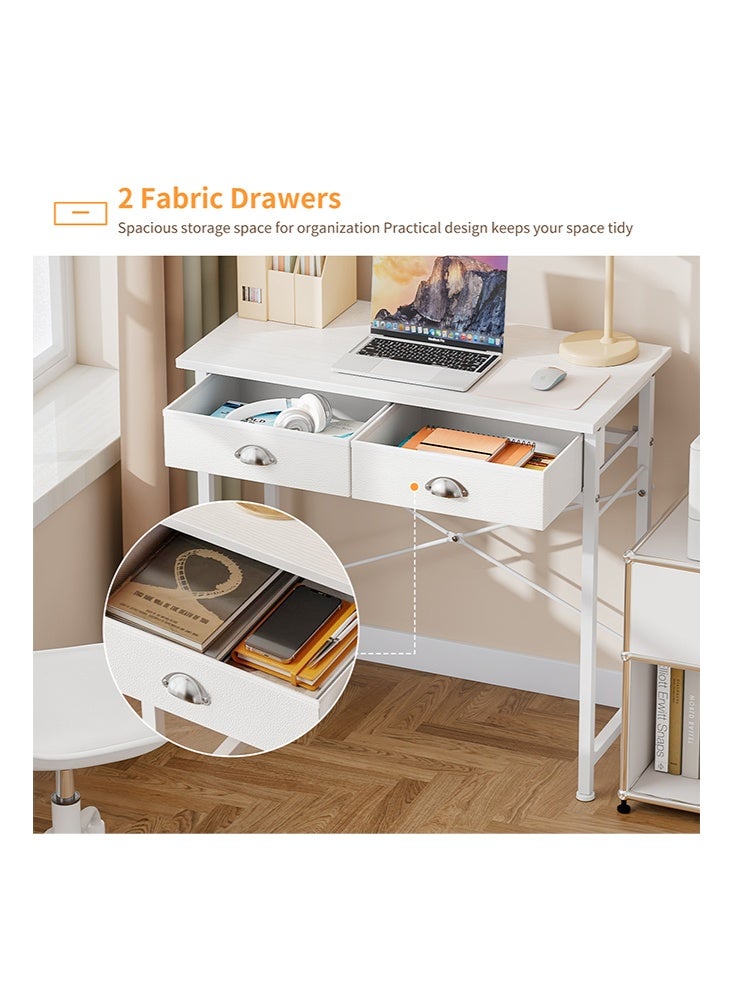 سولاكان مكتب كتابة صغير لغرفة نوم الأطفال، مكتب كمبيوتر أبيض بقياس 31.5 بوصة للمساحات الصغيرة، طاولة دراسة منزلية مع مرآة تجميل مع 2 درج قماشي للمكتب المنزلي، السكن الجامعي، غرفة المعيشة (أبيض) - Image 4
