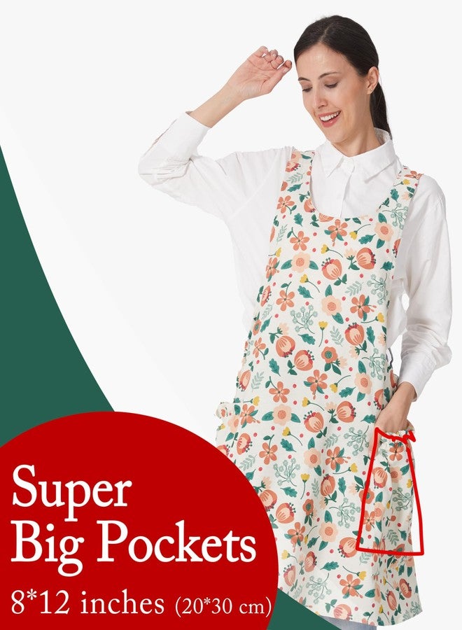 APRONNER Cozy Adjustable Cross Back Aprons for Women with Pockets Cotton Linen Cooking Kitchen Baking Pink Flowers - Image 2