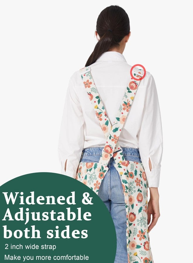 APRONNER Cozy Adjustable Cross Back Aprons for Women with Pockets Cotton Linen Cooking Kitchen Baking Pink Flowers - Image 3