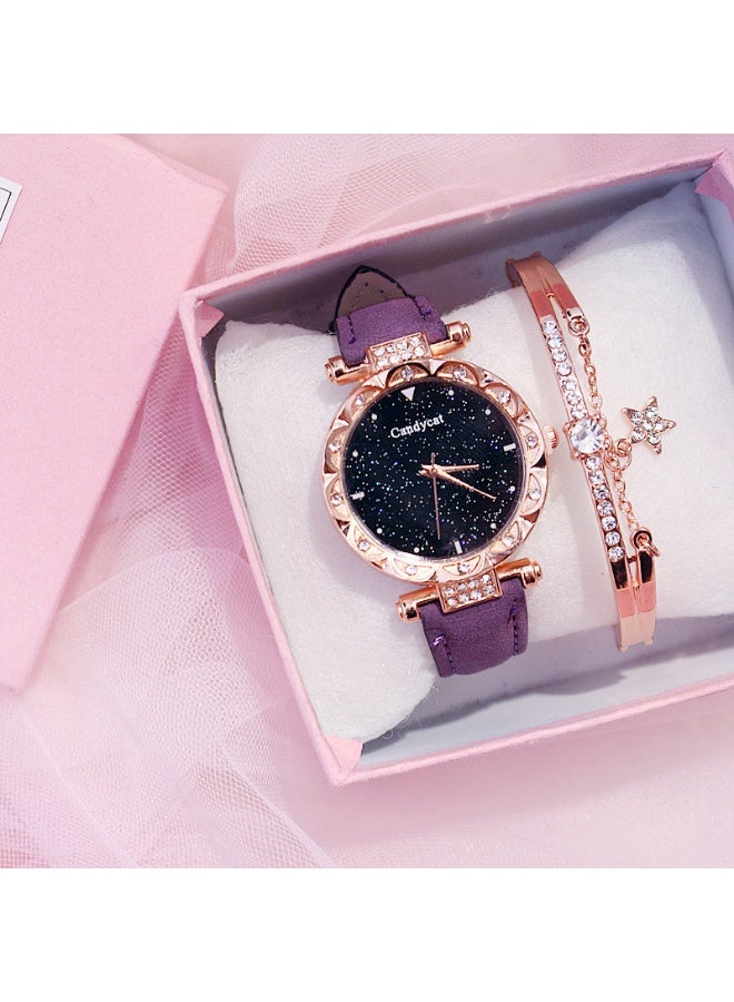 Ladies' diamond studded watch and bracelet set, fashionable and minimalist dial belt, quartz watch, star bracelet gift set - Image 1