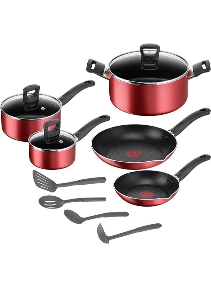 T-FAL Simply Cook Cookware 12-Piece Set, Red Surprise Mix - Image 1