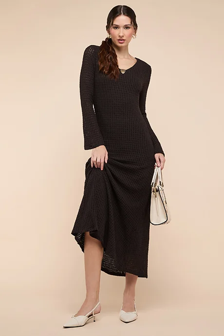 أر أند بي Openwork Midaxi Dress with V-Neck and Flared Sleeves