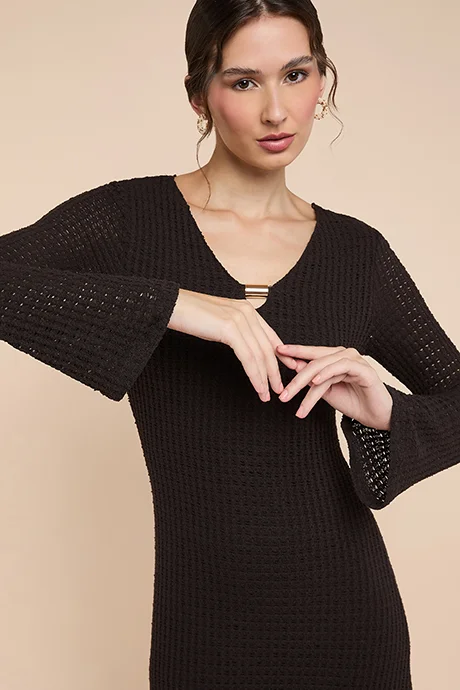 أر أند بي Openwork Midaxi Dress with V-Neck and Flared Sleeves