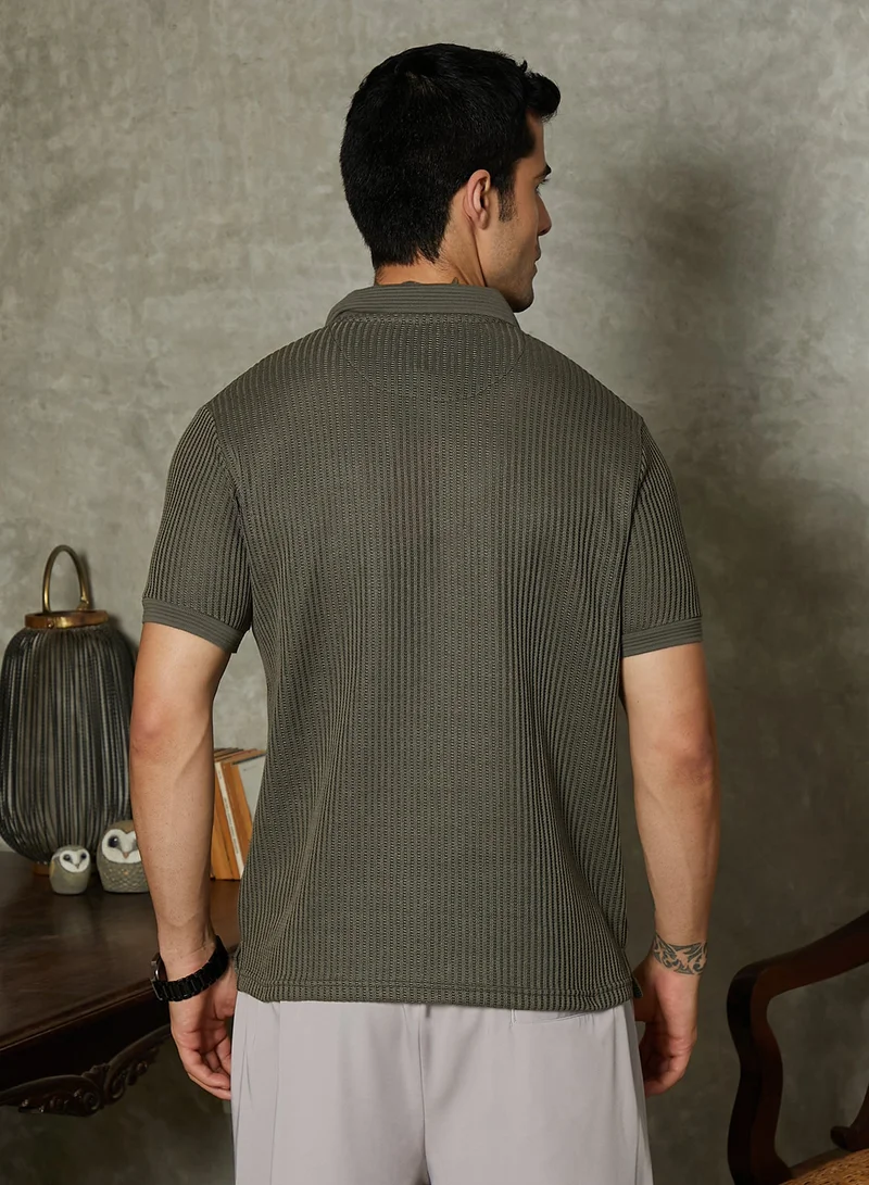 CAHOOT  Men's Chalk White & Sage Green Contrast Ribbed Polo T-Shirt For Casual Wear | Polo Neck | Short Cuffed Sleeves | Half-Button Closure | T-Shirt Crafted With Comfort Fit For Everyday Wear for Men | Best Price UAE