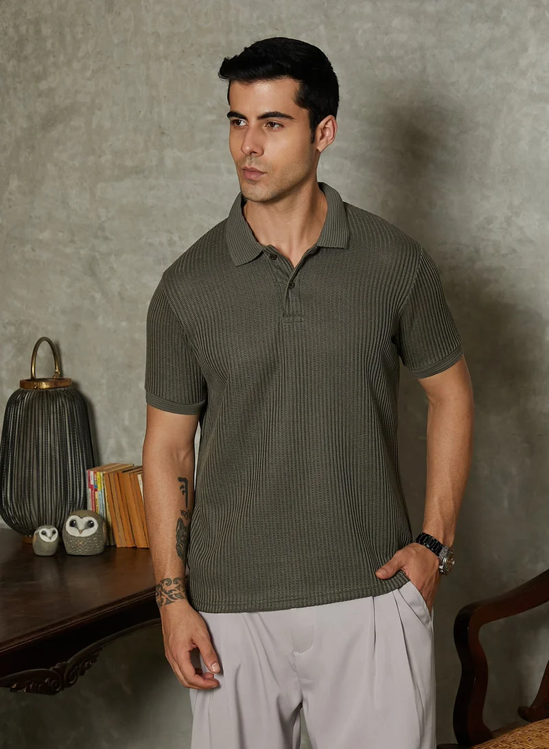 كامبوس سوترا Men's Chalk White & Sage Green Contrast Ribbed Polo T-Shirt For Casual Wear | Polo Neck | Short Cuffed Sleeves | Half-Button Closure | T-Shirt Crafted With Comfort Fit For Everyday Wear
