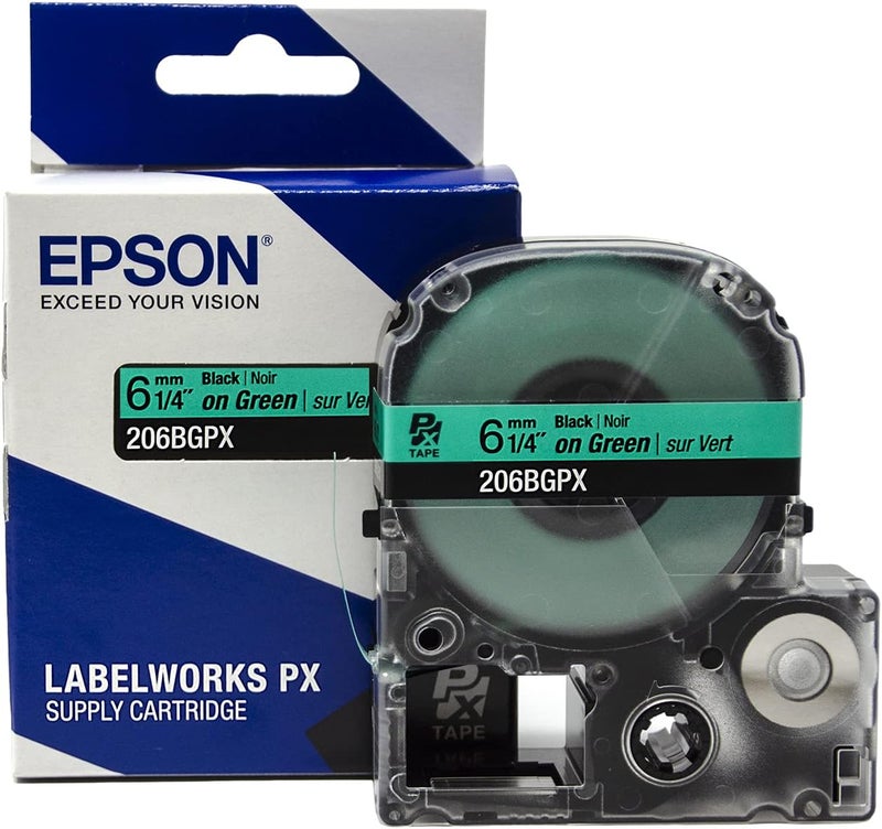 LABELWORKS Epson 206BGPX Genuine PET (Polyester) Tape Cartridge - Black on Green Label Maker Tape - 1/4" (6MM) Wide, 30' - Image 1