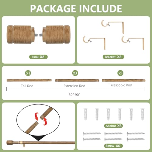 Edidonson 5/8” Diameter Curtain Rods 30-90 Inch, for 30-84 Inch Windows, Adjustable Splicing Wood Grain Curtain Rods for Windows with Brackets, Window Rod Long Small Curtains Rod, 1 Pack - Image 3