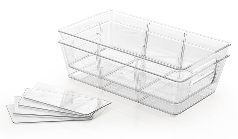 Xiran Fridge Storage Boxes Organizer Bins, 3 Partition Stackable Fridge Storage Basket, Plastic Freezer Storage Containers for Fish, Meat, Vegetables, Fruits (Pack of 2, Transparent) - Image 5