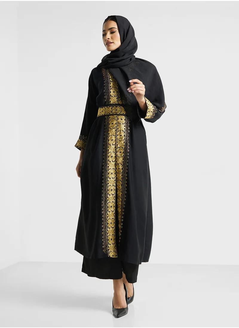 ارابيان كلوزيت Embroidered Open Abaya Wih Belt