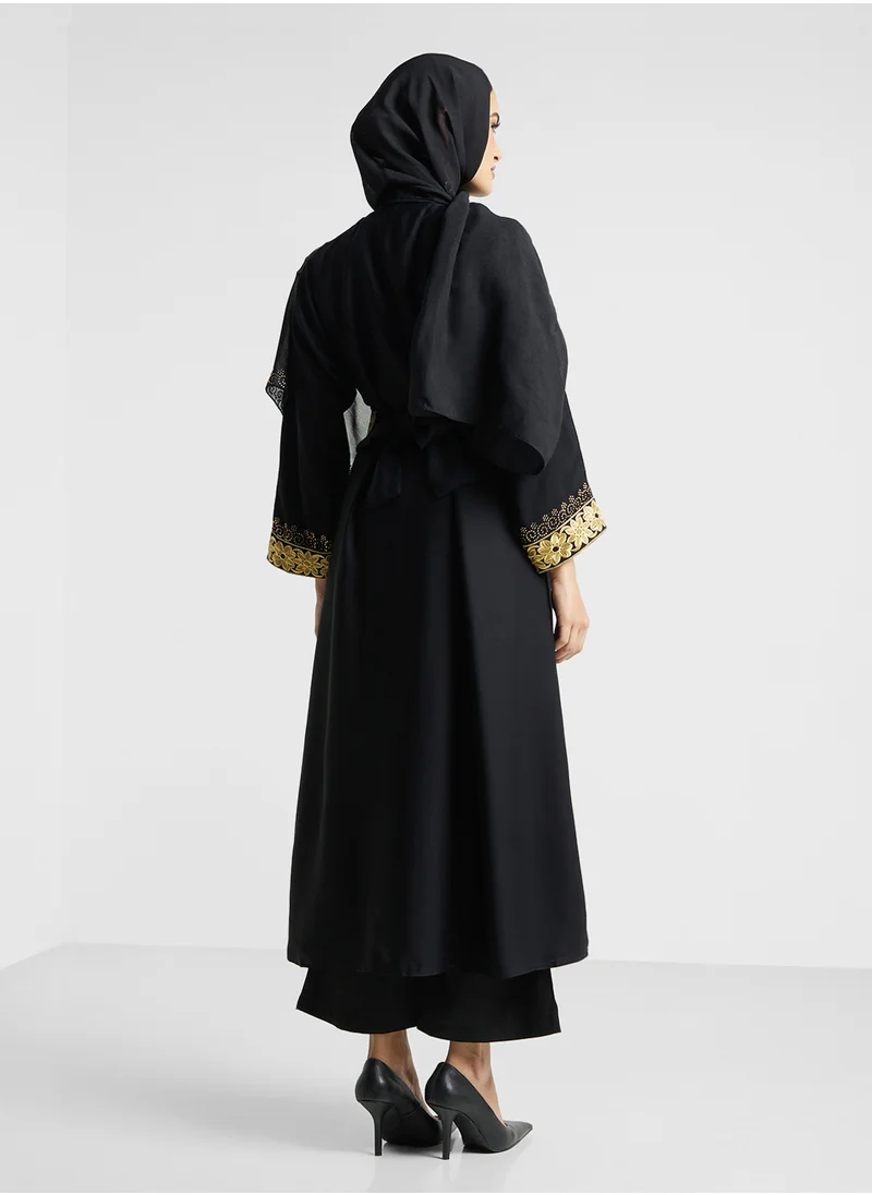 ARABIAN CLOSET Embroidered Open Abaya Wih Belt