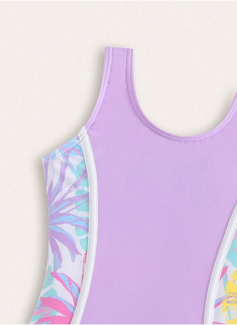 Shein New Fashion Tropical Plant Print One Piece Swimsuit with Top and Shorts for Young Girl  - Image 1