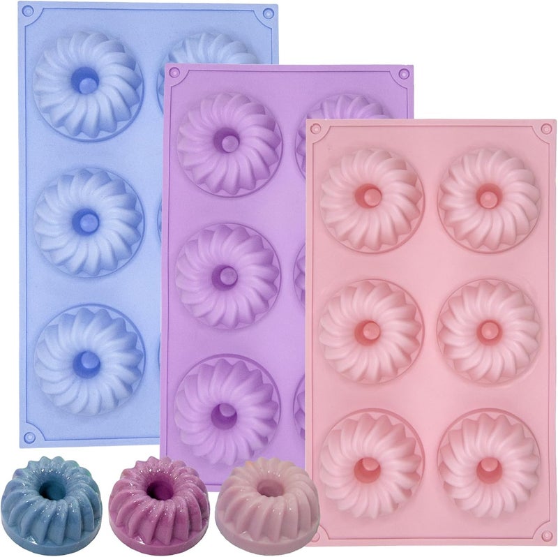 SmartKitch LGQUK Jello Molds 3pcs Silicone Fluted Tube Cake Pans, 6Cavity Heritage Bundtlette Cake Silicone Mold for Baking Non Stick Fancy Molds (Purple+Blue+Pink, Fluted Tube) - Image 1