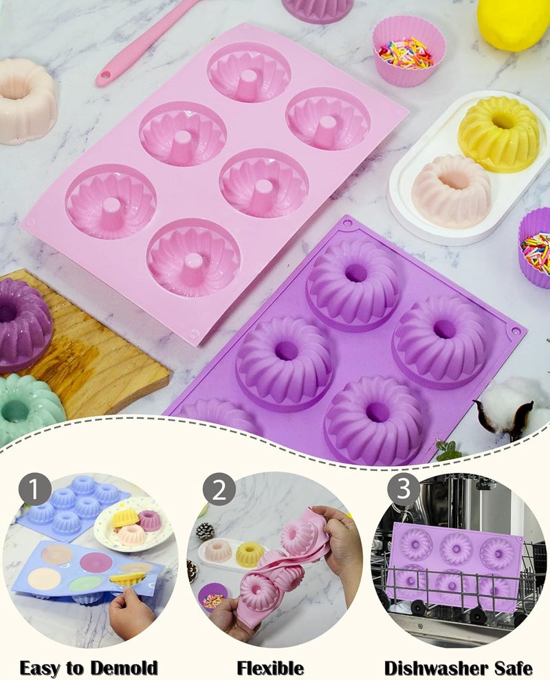 SmartKitch LGQUK Jello Molds 3pcs Silicone Fluted Tube Cake Pans, 6Cavity Heritage Bundtlette Cake Silicone Mold for Baking Non Stick Fancy Molds (Purple+Blue+Pink, Fluted Tube) - Image 4