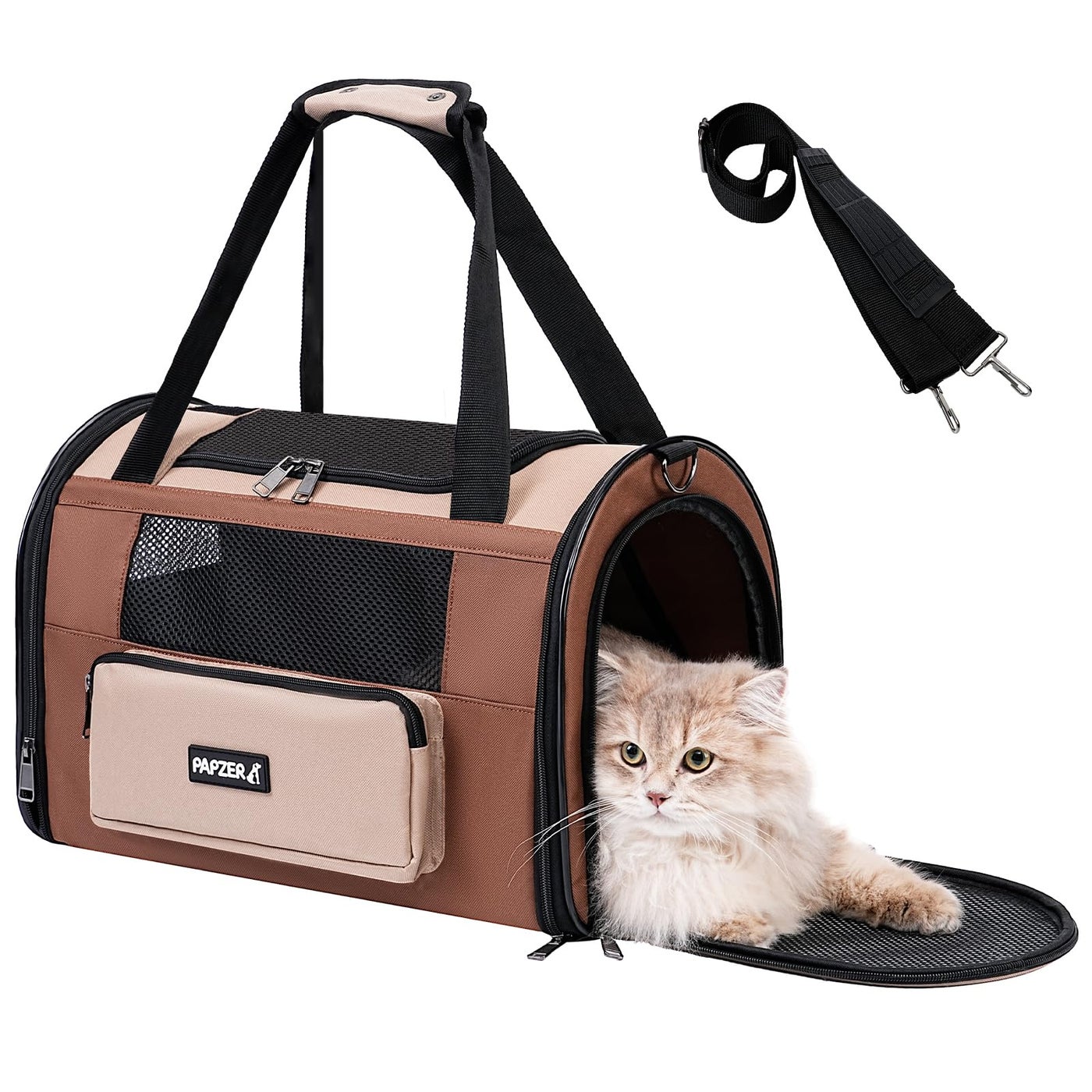 PAPZER Collapsible Small Pet Carrier for Cat 15 lbs with Fashion Pocket, Lightweight Sturdy Travel Carry Bag Little Puppy Dog, Breathable Stylish Kitten Soft Cage Kennel, 17.7x11.0x11.8 Inch Khaki