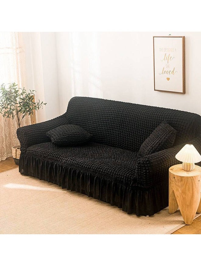Sofa Slipcover One Piece Easy Fit Stretch Couch Cover with Skirt Durable Washable High Elastic Stretchable Universal Furniture Protector (Black, 2 Seats)