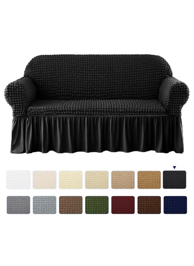 Sofa Slipcover One Piece Easy Fit Stretch Couch Cover with Skirt Durable Washable High Elastic Stretchable Universal Furniture Protector (Black, 2 Seats)