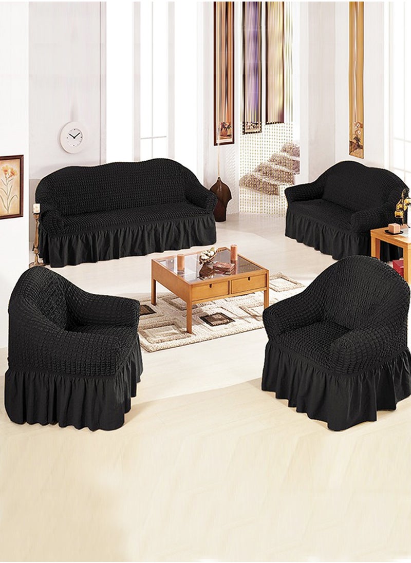 Sofa Slipcover One Piece Easy Fit Stretch Couch Cover with Skirt Durable Washable High Elastic Stretchable Universal Furniture Protector (Black, 2 Seats)