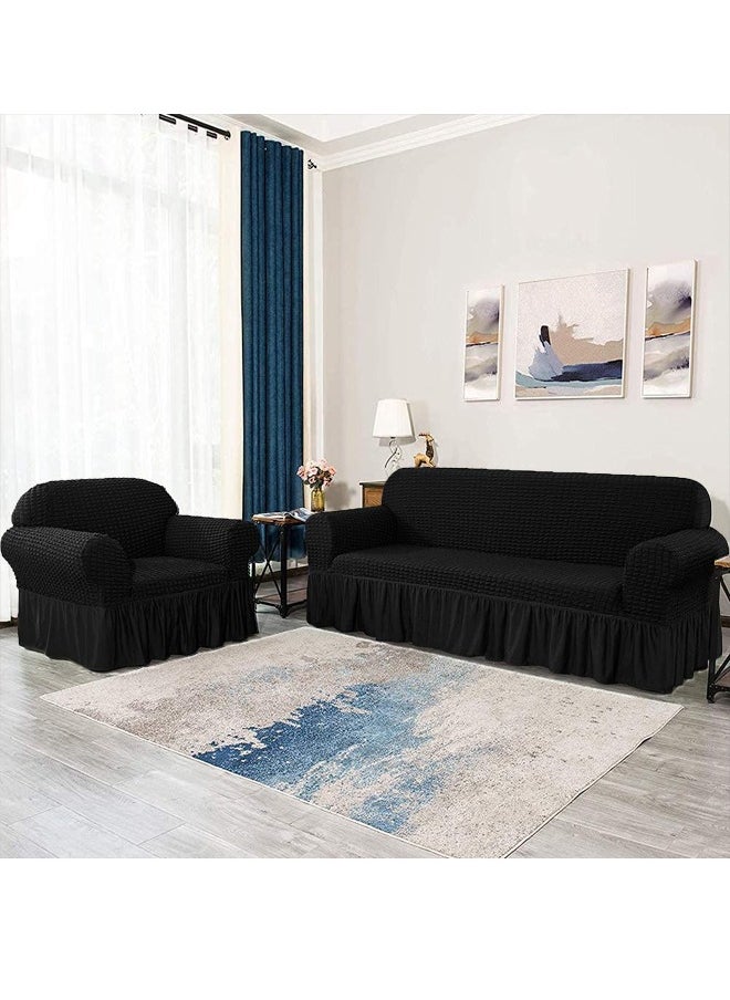 Sofa Slipcover One Piece Easy Fit Stretch Couch Cover with Skirt Durable Washable High Elastic Stretchable Universal Furniture Protector (Black, 2 Seats)
