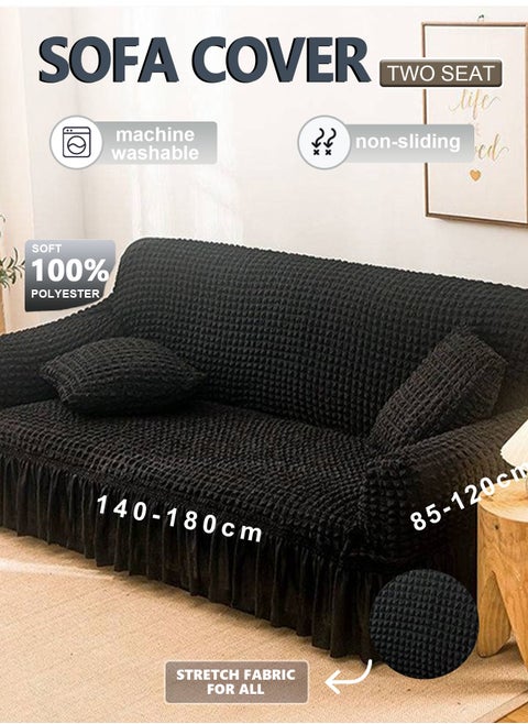 Sofa Slipcover One Piece Easy Fit Stretch Couch Cover with Skirt Durable Washable High Elastic Stretchable Universal Furniture Protector (Black, 2 Seats)