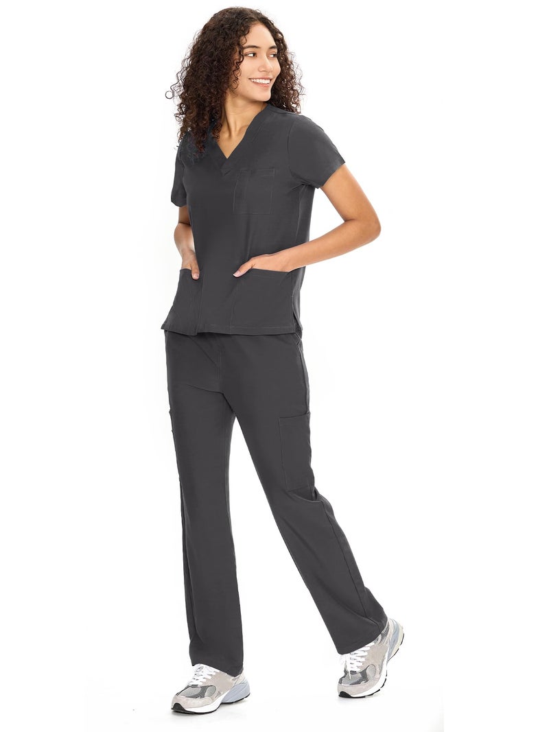 COZYFIT Scrubs for Women Set Medical Uniform - V-Neck Top & Straight Leg Pants with 9 Pockets, Unisex Workwear COZY SCRUBS, Dark Grey, 2XL - Image 3