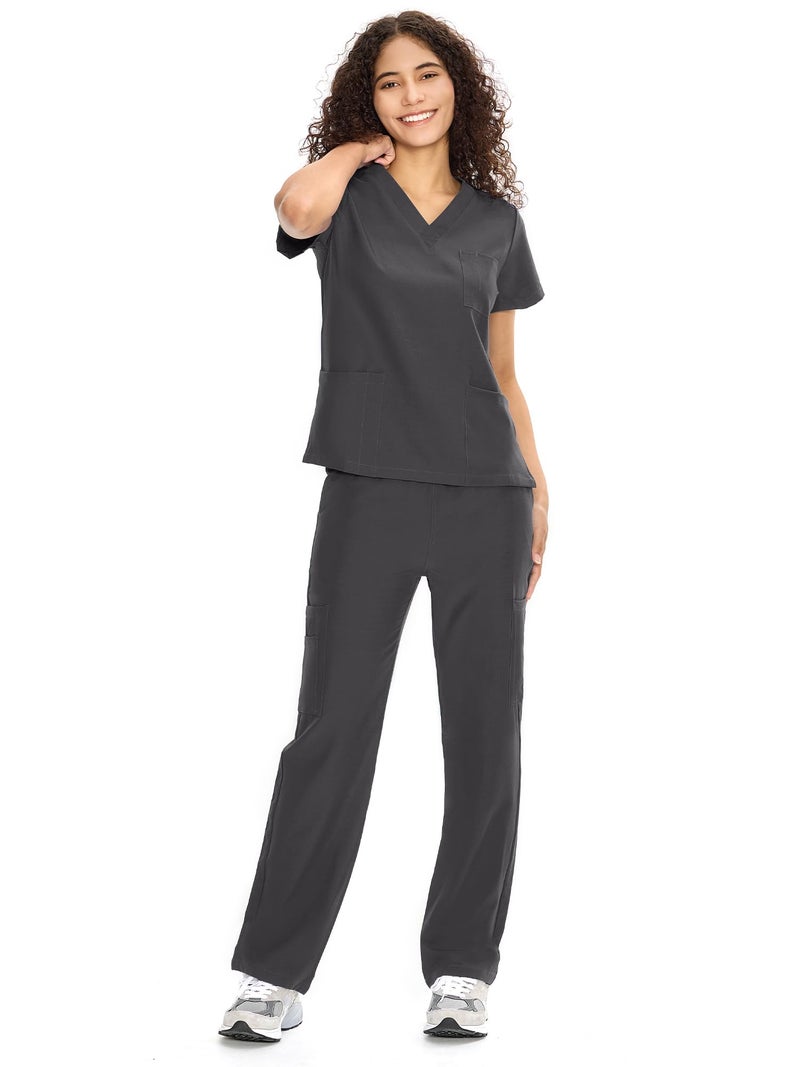 COZYFIT Scrubs for Women Set Medical Uniform - V-Neck Top & Straight Leg Pants with 9 Pockets, Unisex Workwear COZY SCRUBS, Dark Grey, 2XL - Image 1