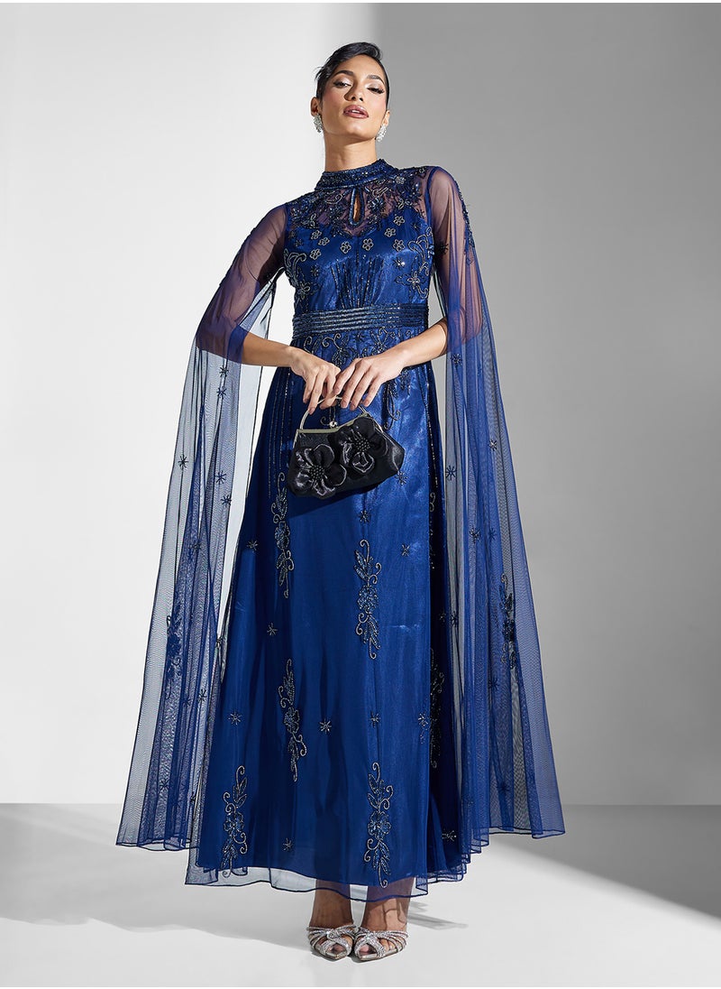 Frock and Frill - Embellished Maxi Dress With Cape Sleeves - Image 1