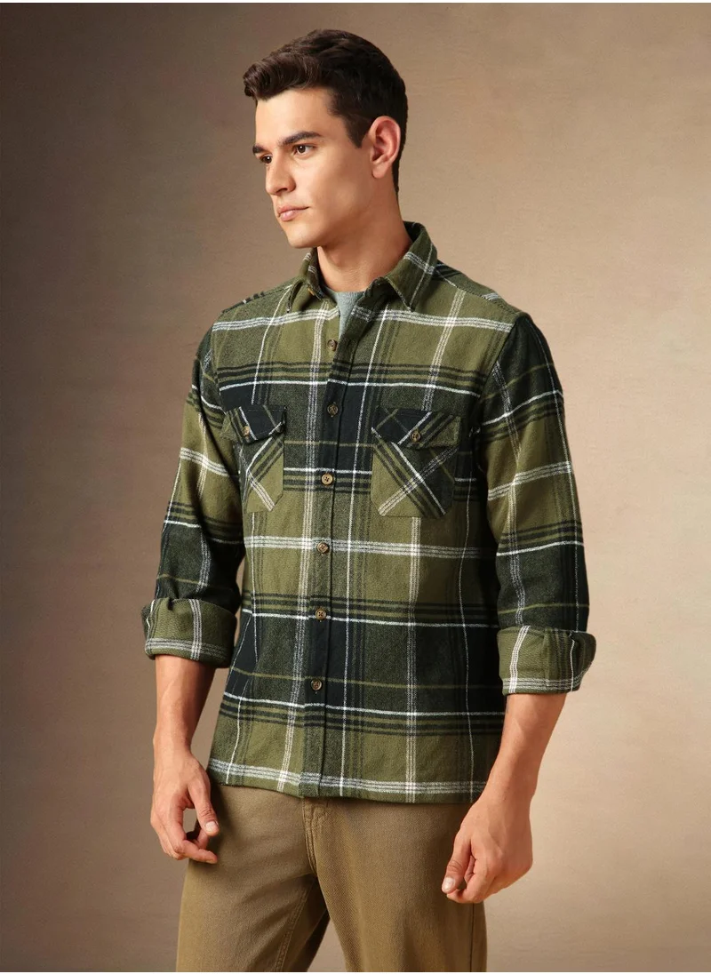 دينيس لينغو Men's Olive 100% Cotton Checkered Shirt