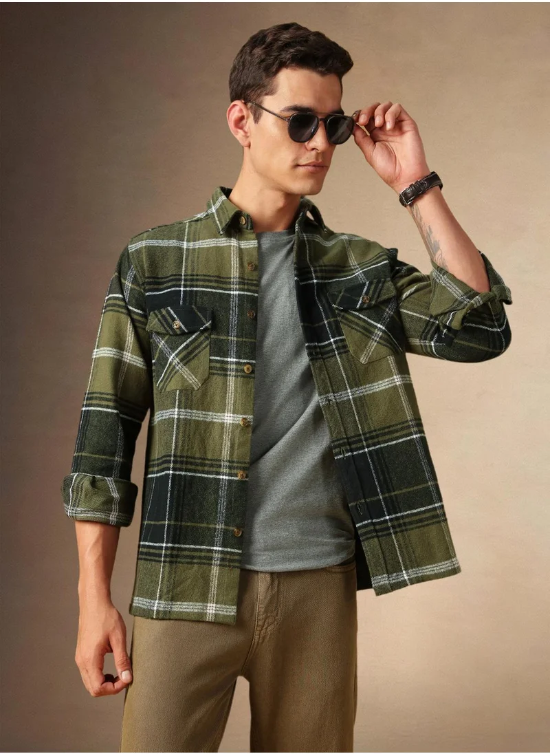 دينيس لينغو Men's Olive 100% Cotton Checkered Shirt
