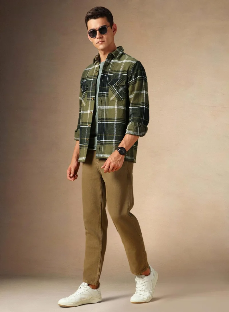 Dennis Lingo Men's Olive 100% Cotton Checkered Shirt