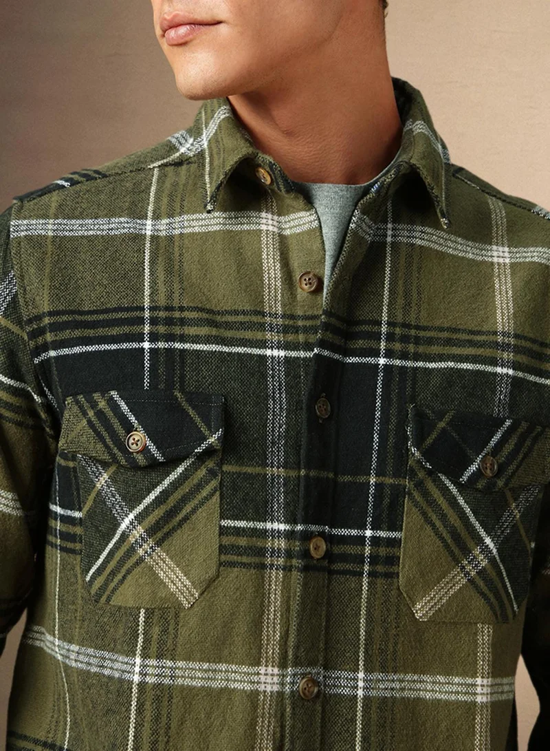 Dennis Lingo Men's Olive 100% Cotton Checkered Shirt