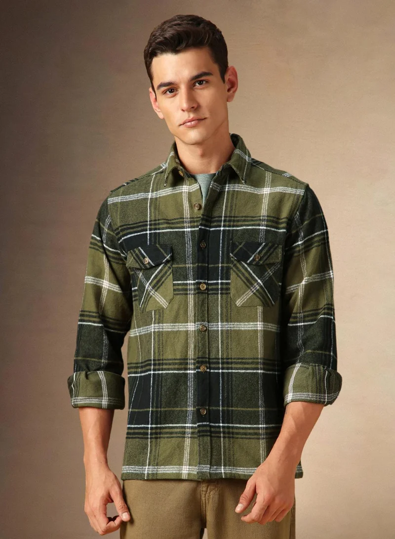 Dennis Lingo Men's Olive 100% Cotton Checkered Shirt