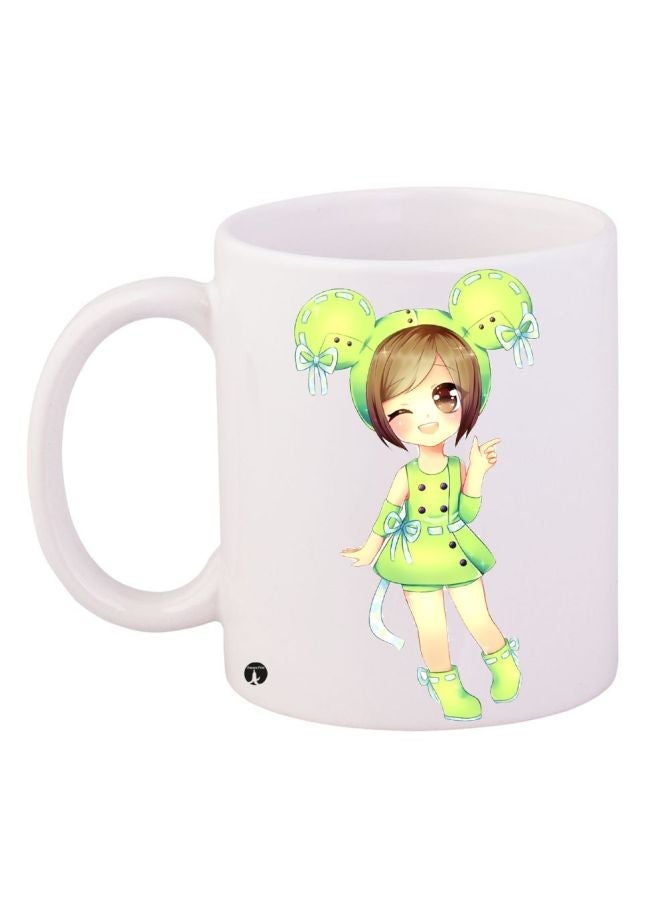 Cartoon Girl Printed Coffee Mug White/Green/Brown 11ounce