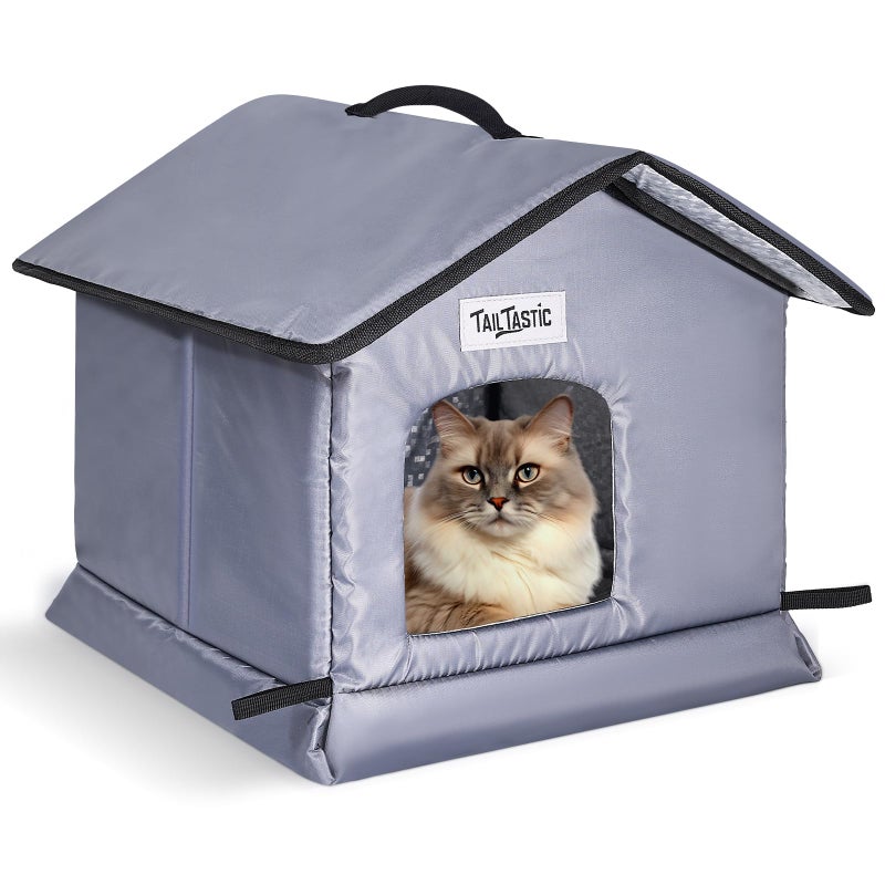 TailTastic Outdoor Cat House Weatherproof & Insulated for Winter - Upgraded Seamless Bottom Feral Cat Shelter, Waterproof Cat Houses for Outdoor Cats, Easy to Assemble Outside Cat House with Mat (Grey, S) - Image 1