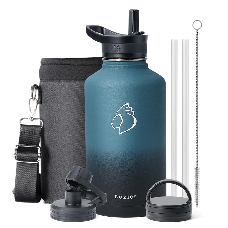 BUZIO 64 oz Water Bottle Insulated with Straw & 3 lid and Carrying Pouch, Leak Proof Half Gallon Stainless Steel Water Flask Jug, Cold for 48 Hrs Double Vacuum Thermo Canteen, BPA-Free, Indigo Crush - Image 1