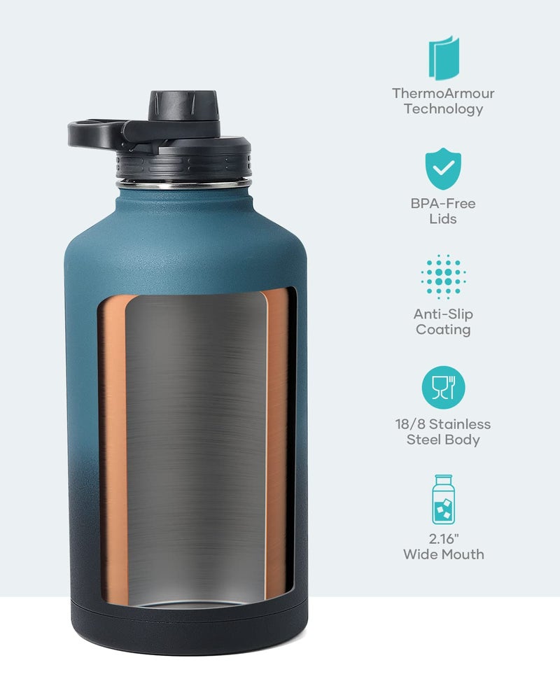BUZIO 64 oz Water Bottle Insulated with Straw & 3 lid and Carrying Pouch, Leak Proof Half Gallon Stainless Steel Water Flask Jug, Cold for 48 Hrs Double Vacuum Thermo Canteen, BPA-Free, Indigo Crush - Image 4