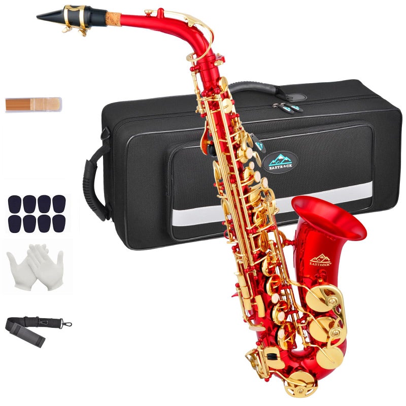 EASTROCK RedGolden Alto Saxophone E Flat Sax Full Kit for Students Beginner with Carrying CaseMouthpieceMouthpiece Cushion PadsCleaning ClothCleaning RodWhite GlovesNeck Strap
