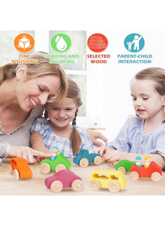Agirlgle - Montessori Wooden Car Toys - 7 Rainbow Wooden Vehicle Set Toy For Toddlers And Babies 3 Wooden Peg Doll, Colorful Pretend Play Wooden Push Cars Development Toys And Infant Toys - Image 1