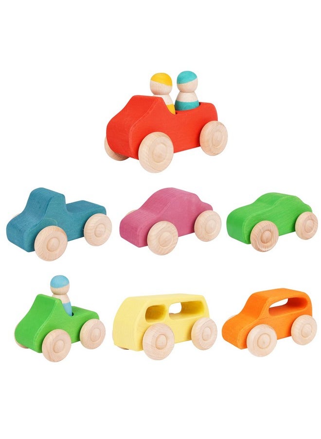 Agirlgle - Montessori Wooden Car Toys - 7 Rainbow Wooden Vehicle Set Toy For Toddlers And Babies 3 Wooden Peg Doll, Colorful Pretend Play Wooden Push Cars Development Toys And Infant Toys - Image 1