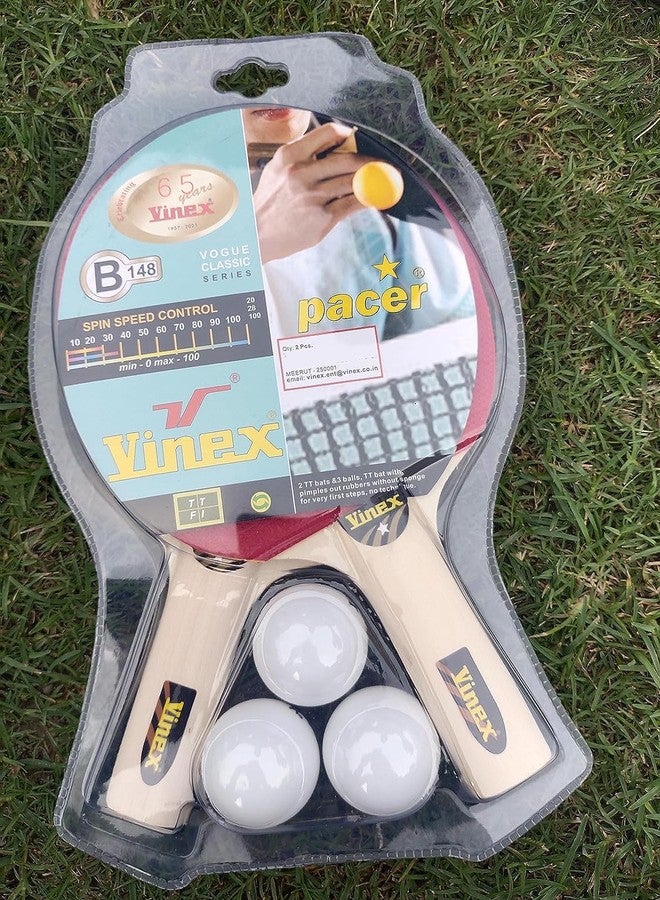 Vinex TT Bat/Ball Set - Pacer, Tennis Tennis Set Pack of 2 TT Racquets (1 Star) and 3 Pcs of TT Balls for Home Ping Pong Ball & Racket with Grip Table Tennis Playset - Image 3
