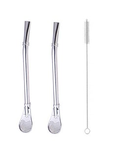 Straws with Strainer Spoon 2 pcs reusable stainless steel straws with 1 pc cleaning brush for Yerba Mate, Calabash Loose Leaf Tea (Silver)