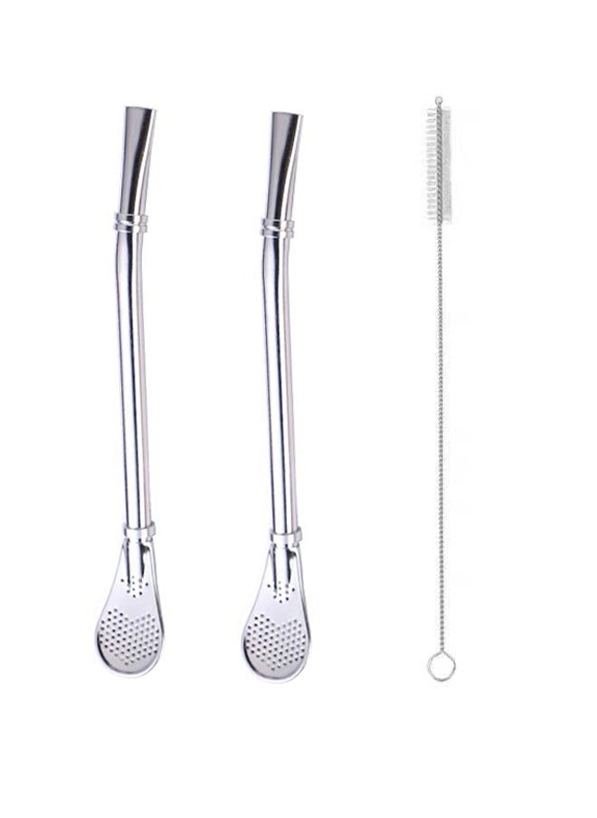 Generic - Straws with Strainer Spoon 2 pcs reusable stainless steel straws with 1 pc cleaning brush for Yerba Mate, Calabash Loose Leaf Tea (Silver) - Image 1