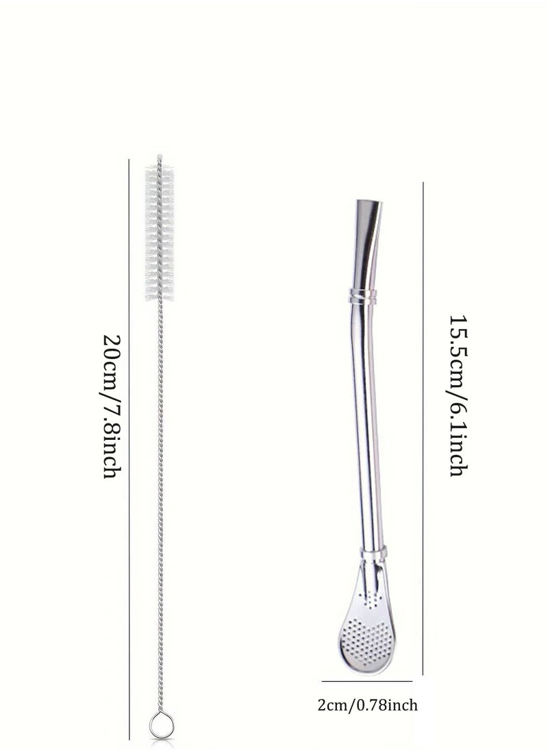 Generic - Straws with Strainer Spoon 2 pcs reusable stainless steel straws with 1 pc cleaning brush for Yerba Mate, Calabash Loose Leaf Tea (Silver) - Image 1
