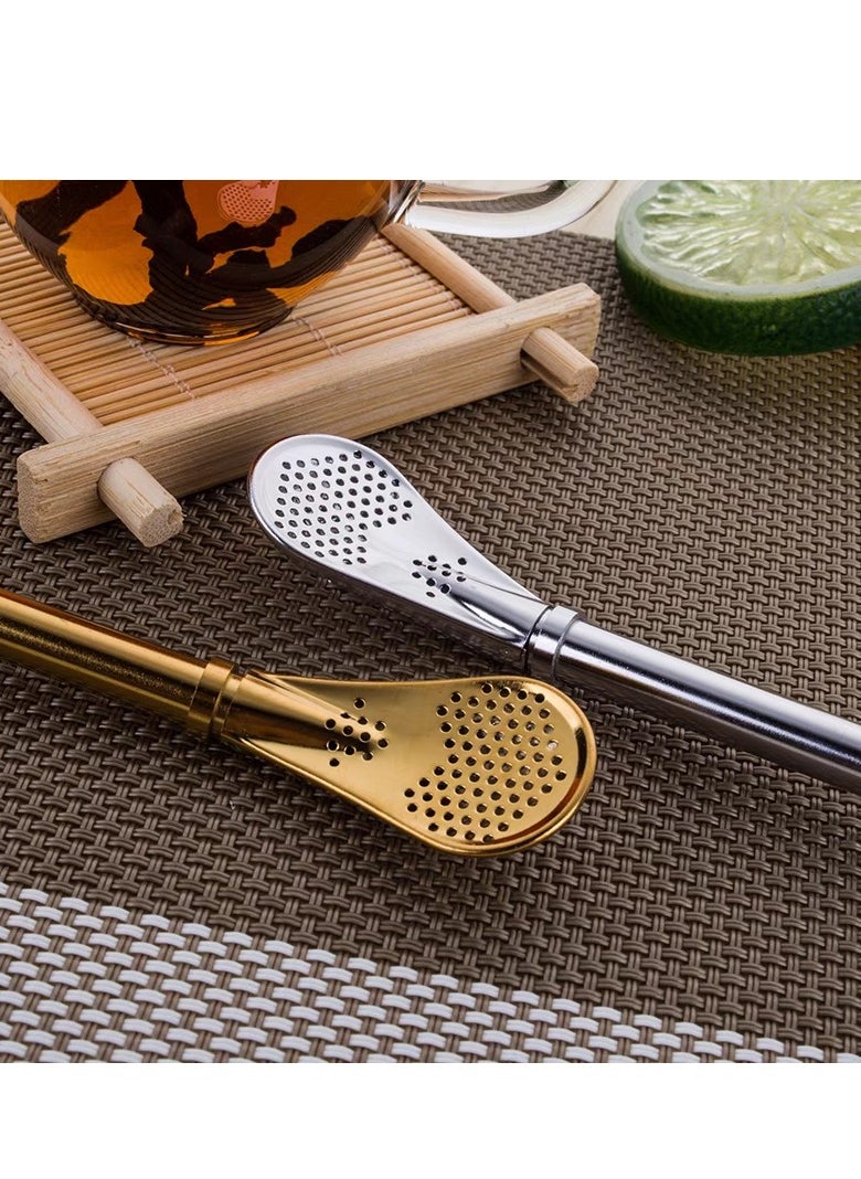Generic - Straws with Strainer Spoon 2 pcs reusable stainless steel straws with 1 pc cleaning brush for Yerba Mate, Calabash Loose Leaf Tea (Silver) - Image 1
