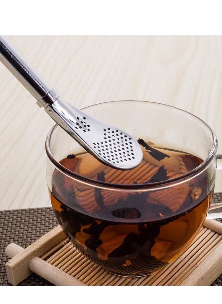 Generic - Straws with Strainer Spoon 2 pcs reusable stainless steel straws with 1 pc cleaning brush for Yerba Mate, Calabash Loose Leaf Tea (Silver) - Image 1