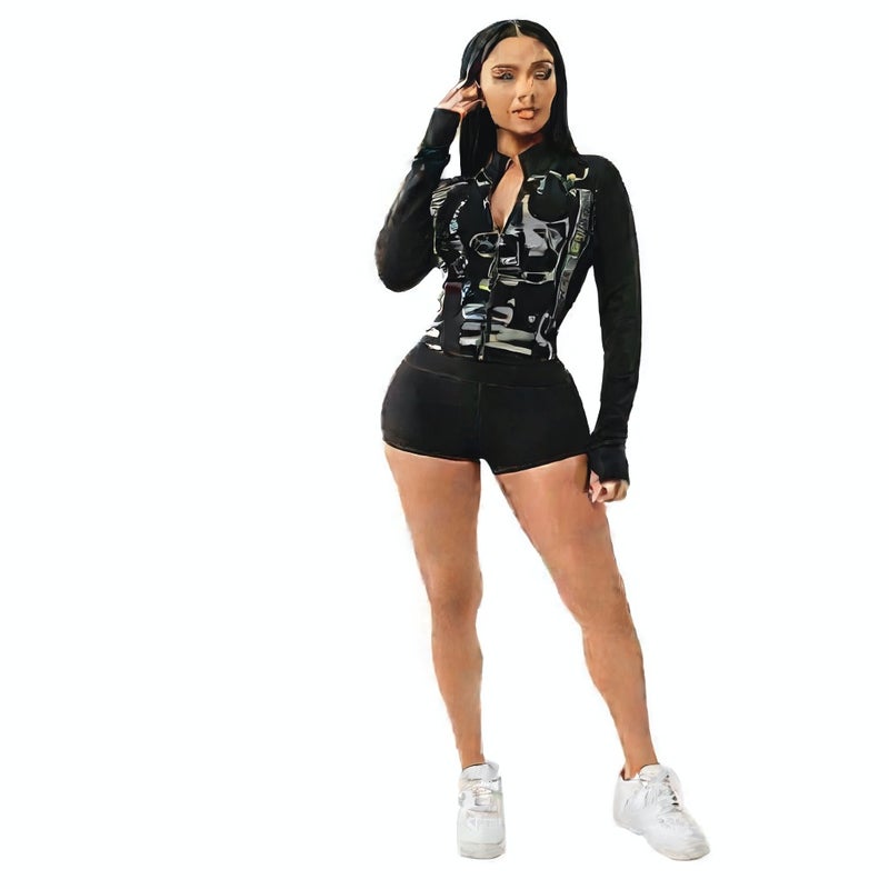 Dark Streetwear Women's Slim Fit Shorts Long Sleeve Set - Image 5