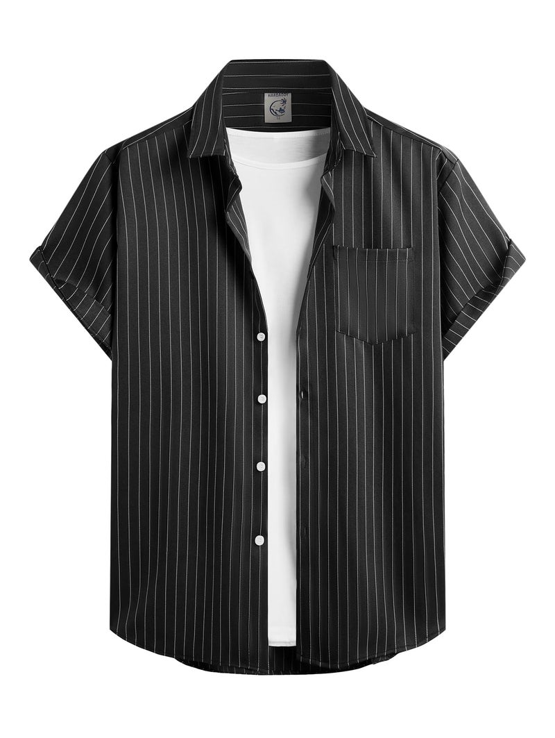 Hardaddy Men's Casual Striped Shirts Button Down Short Sleeve Blouse Summer Hawaiian Shirt Black L - Image 1