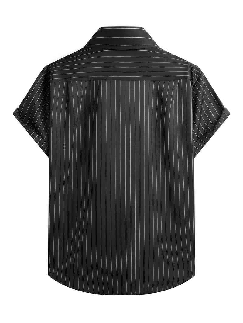 Hardaddy Men's Casual Striped Shirts Button Down Short Sleeve Blouse Summer Hawaiian Shirt Black L - Image 2