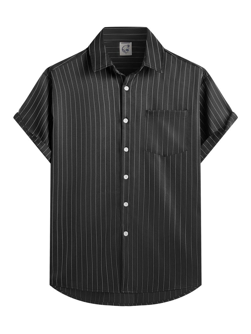 Hardaddy Men's Casual Striped Shirts Button Down Short Sleeve Blouse Summer Hawaiian Shirt Black L - Image 3